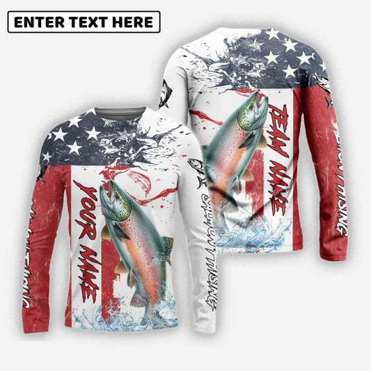 Salmon Fishing American Flag Red Blue Seawave Custom Name Team Name 3d Shirts