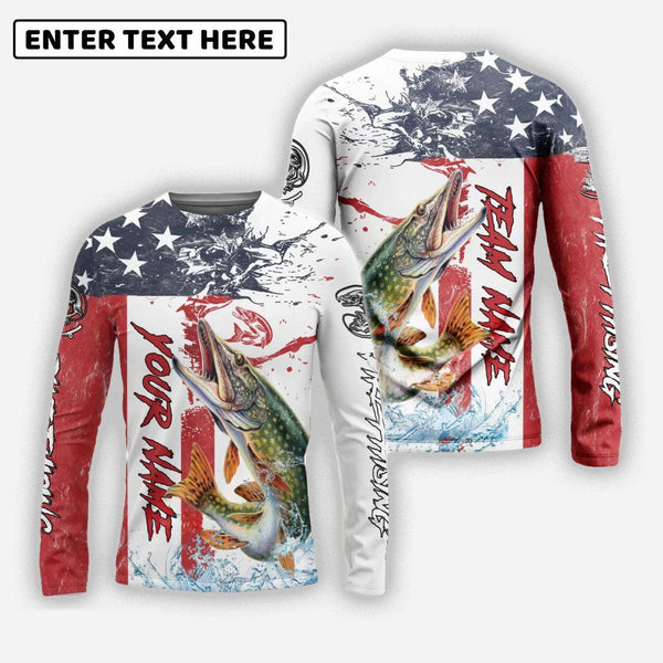 Pike Fishing American Flag Red Blue Seawave Custom Name Team Name 3d Shirts