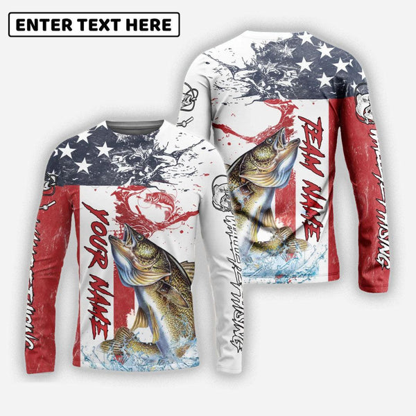 Walleye Fishing American Flag Red Blue Seawave Custom Name Team Name 3d Shirts
