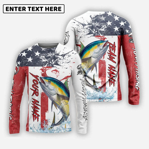 Tuna Fishing American Flag Red Blue Seawave Custom Name Team Name 3d Shirts