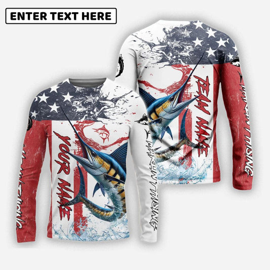 Marlin Fishing American Flag Red Blue Seawave Custom Name Team Name 3d Shirts