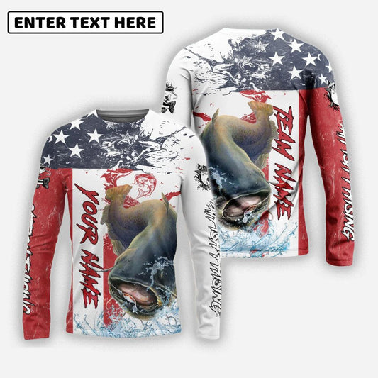 Catfish Fishing American Flag Red Blue Seawave Custom Name Team Name 3d Shirts