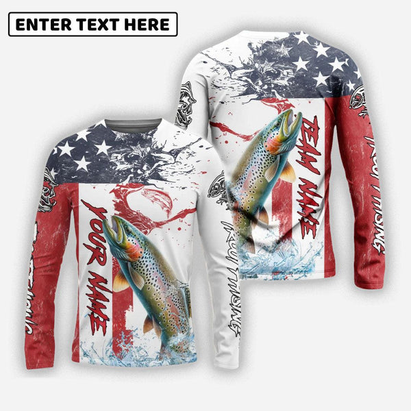 Trout Fishing American Flag Red Blue Seawave Custom Name Team Name 3d Shirts