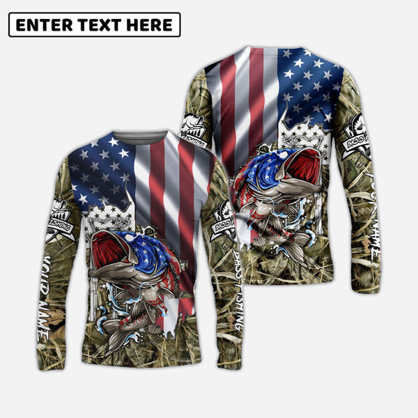 American Flag Patriotic Largemouth Bass Camo Fishing Custom Name 3d Shirts