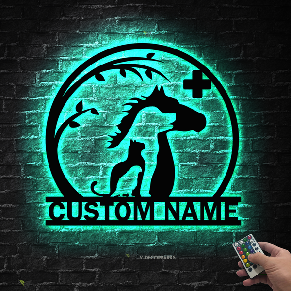 Custom Name Veterinarian Metal Sign With Led Lights, Veterinary Clinic Metal Wall Art, Vet Tech Animal Hospital Metal Wall Hanging Sign