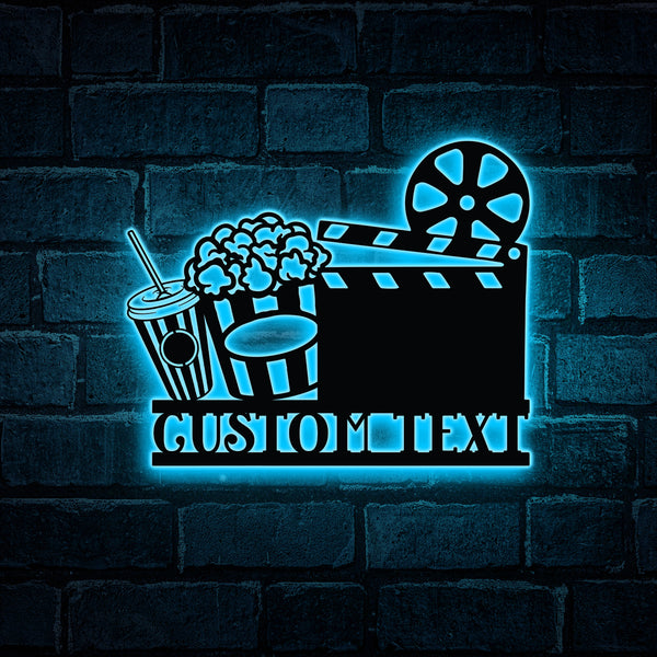 Personalized Movie Metal Wall Art With Led Lights, Home Cinema Movie Room Sign, Film And Popcorn Metal Name Sign, Movie Theater Sign Home Decor