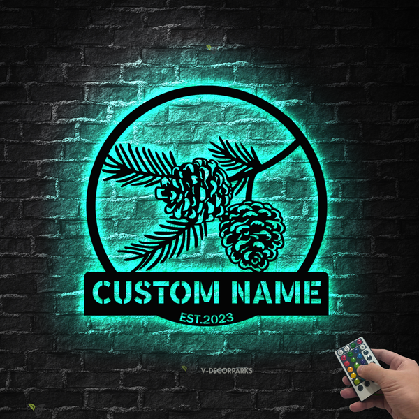 Custom Pinecone Metal Wall Art With Led Lights, Personalized Name Pinecone Metal Sign, Pinecone Metal Wall Art Home Decor, Pinecone Metal Led Sign