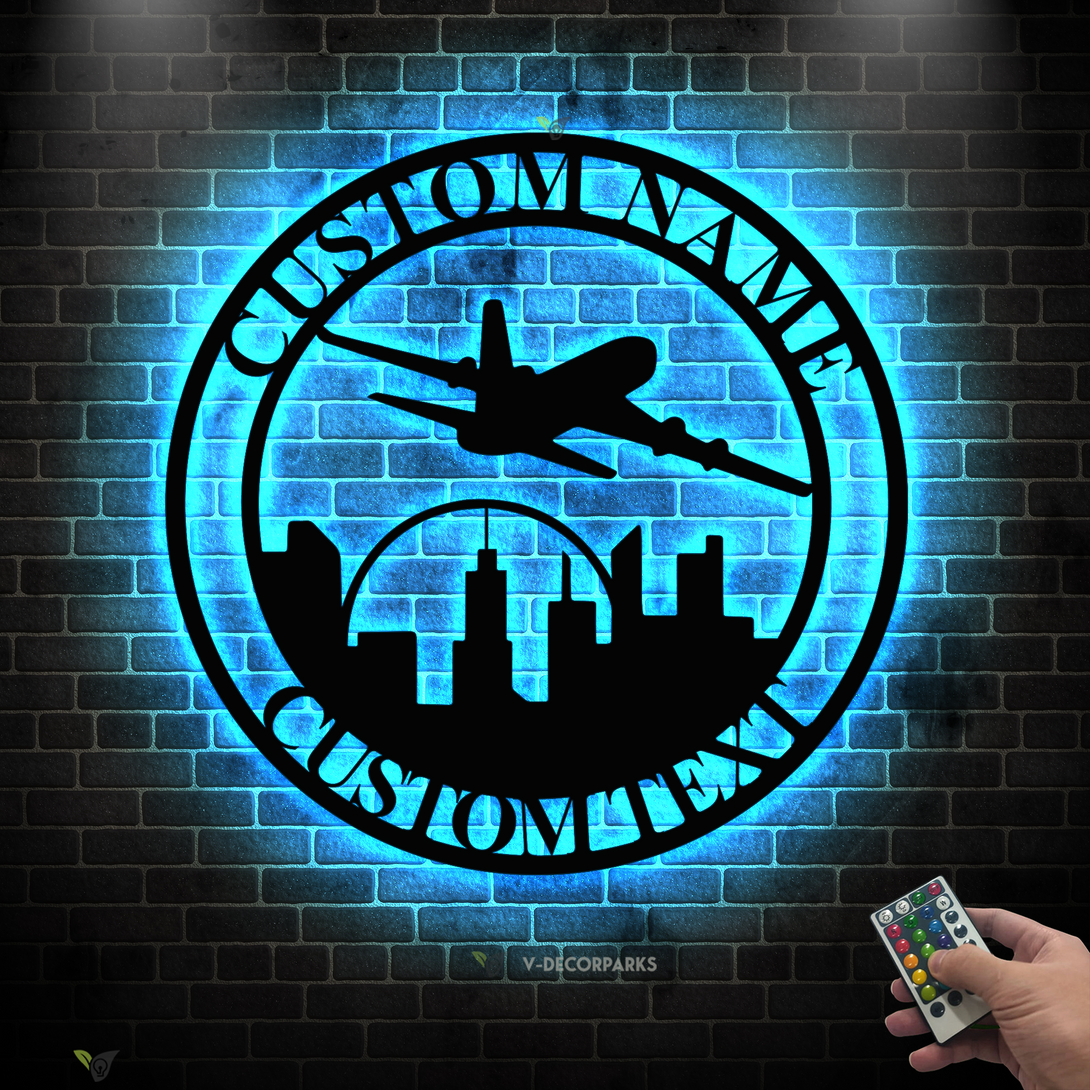 Custom Airplane With City Skyline Metal Sign Led Lights, Personalized Pilot Metal Name Sign, Aviation Metal Wall Decor, Aircraft Hangar Metal Sign