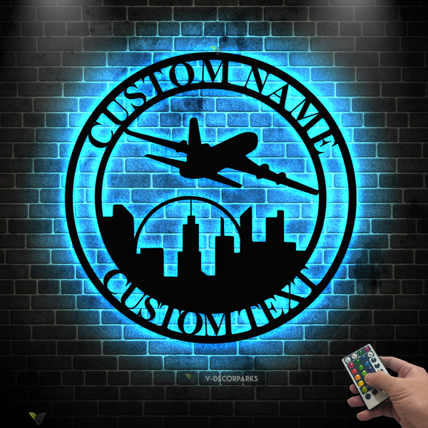 Custom Airplane With City Skyline Metal Sign Led Lights, Personalized Pilot Metal Name Sign, Aviation Metal Wall Decor, Aircraft Hangar Metal Sign
