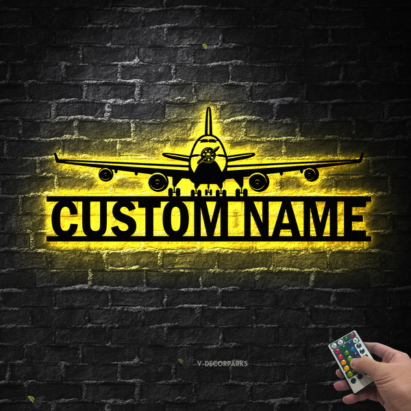 Custom Name Airplane Monogram Metal Sign Led Lights, Personalized Pilot Metal Name Sign, Aviation Metal Wall Decor, Aircraft Hangar Metal Sign