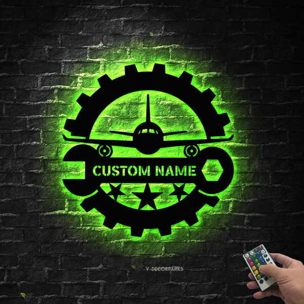 Personalized Aircraft Hangar Mechanic Metal Wall Art With Led Lights, Custom Aircraft Mechanic Garage Metal Sign, Workshop Garage Metal Decor