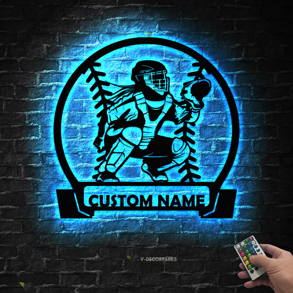 Personalized Softball Catcher Metal Wall Art Led Lights, Custom Female Softball Catcher Metal Name Sign, Softball Sport Lover Metal Art