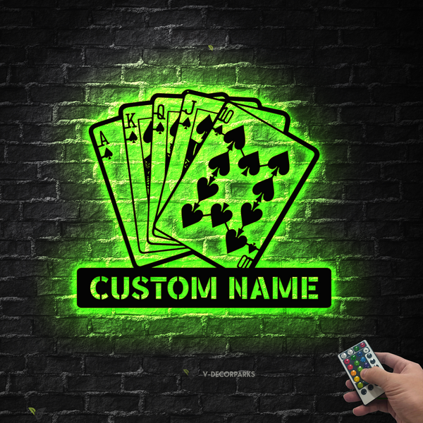 Personalized Poker Cards Metal Wall Art With Led Lights, Custom Poker Player Poker Club Metal Name Sign, Poker Game Room Metal Wall Hanging Decor