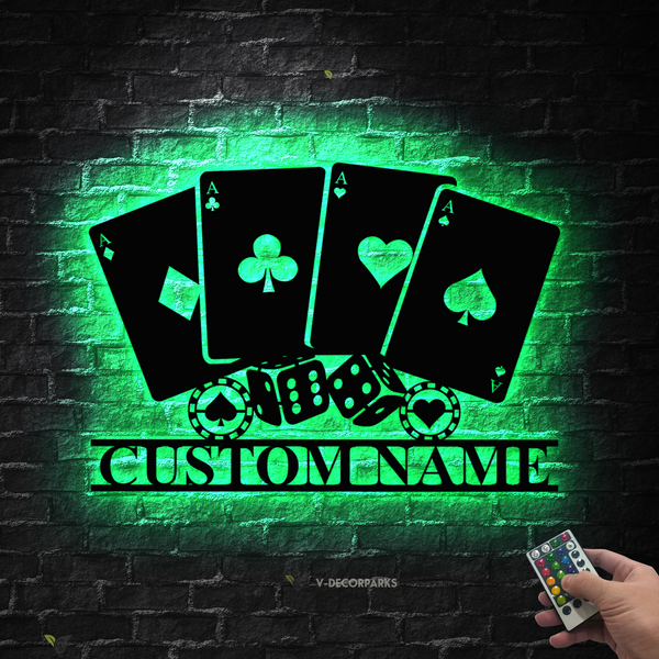 Custom Casino Playing Cards Chips Metal Wall Art Led Light, Custom Gambling Dice Poker Gamer Metal Name Sign, Poker Game Zone Game Room Metal Sign