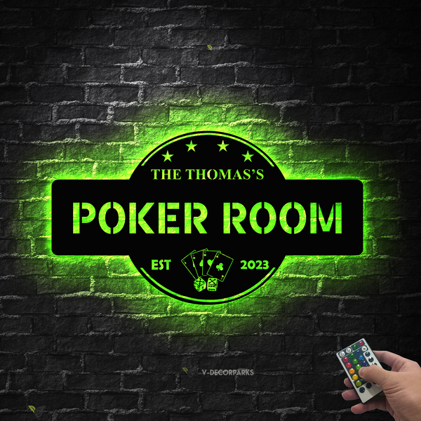 Personalized Poker Room Metal Sign With Led Lights, Poker Game Room Metal Wall Art Decor, Custom Royal Flush Poker Monogram Metal Sign