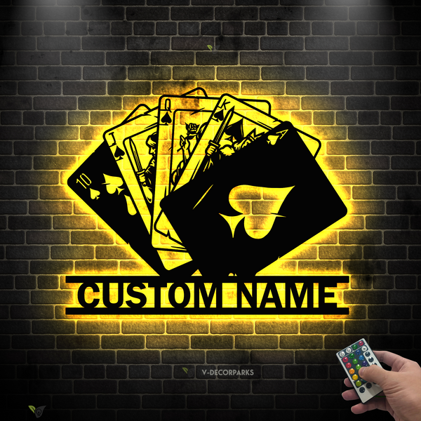 Personalized Poker Cards Metal Wall Art With Led Lights, Custom Poker Player Poker Club Metal Name Sign, Custom Metal Royal Flush Poker Wall Sign