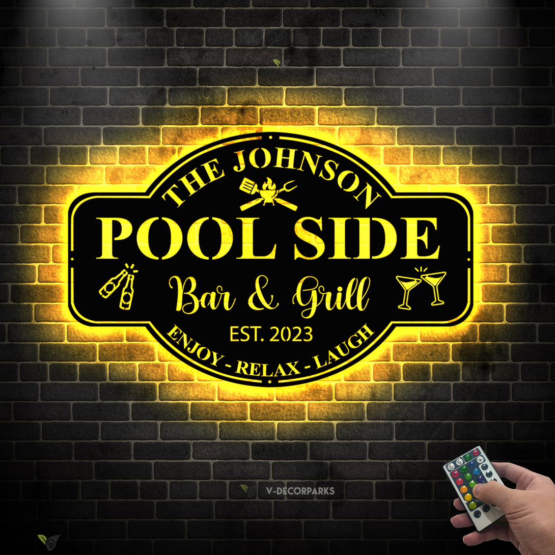 Custom Family Name Poolside Metal Wall Art Led Lights, Personalized Poolside Bar & Grill Metal Name Sign, Pool Oasis Patio Backyard Metal Decor