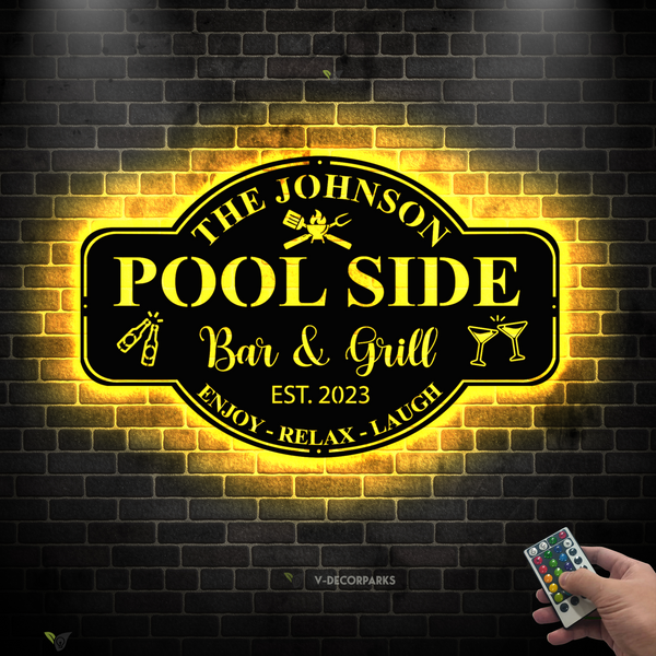 Custom Family Name Poolside Metal Wall Art Led Lights, Personalized Poolside Bar & Grill Metal Name Sign, Pool Oasis Patio Backyard Metal Decor