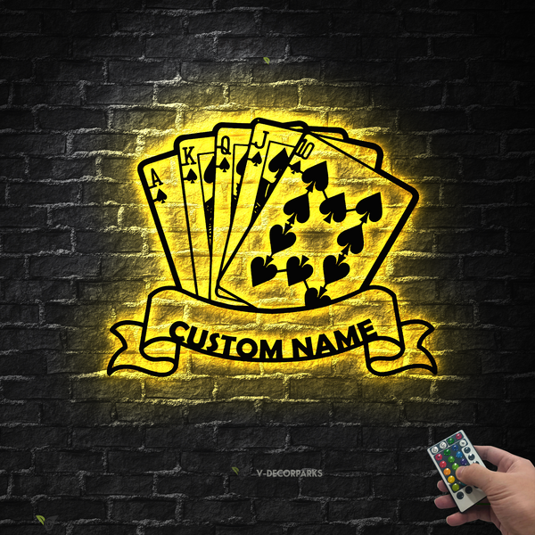Personalized Poker Cards Metal Wall Art With Led Lights, Custom Royal Flush Monogram Metal Name Sign, Poker Game Room Metal Wall Hanging Sign