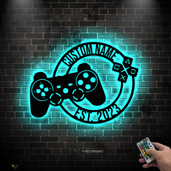 Custom Name Video Game Controller Metal Wall With Led Lights, Personalized Gamer Metal Name Sign, Game Zone Game Room Metal Sign Decor