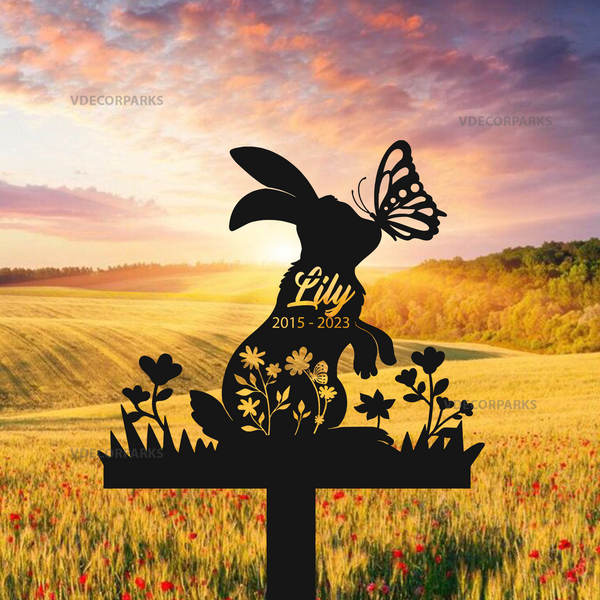 Personalized Floral Bunny With Butterfly Memorial Stake, Rabbit Loss Remembrance Sign, Rabbit With Flowers Metal Grave Marker, Pet Sympathy Sign