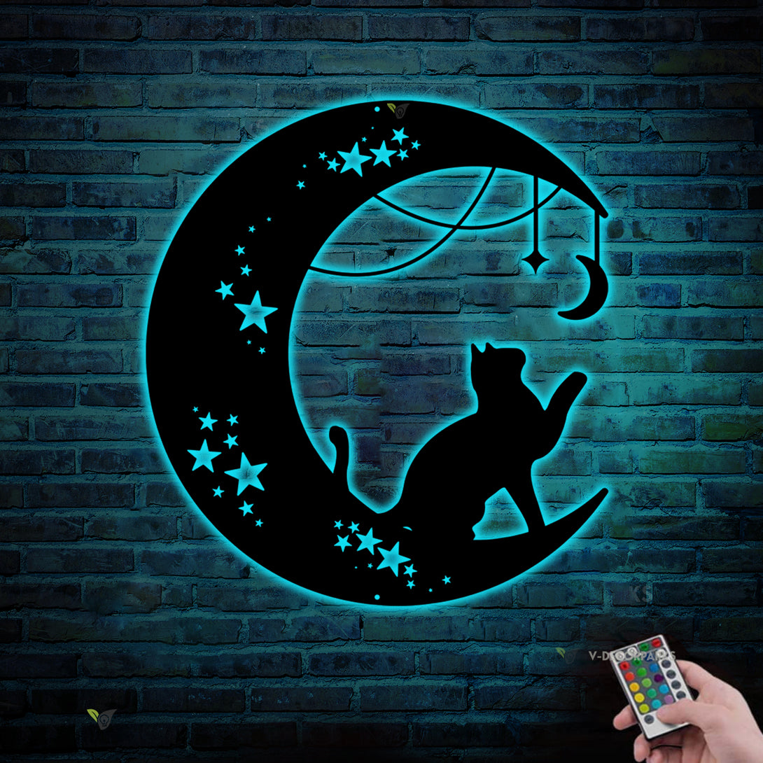 Cat On Crescent Moon Metal Wall Art With Led Lights, Crescent Moon With Cat Metal Sign, Cat On The Moon Metal Wall Hanging, Cat Metal Home Decor