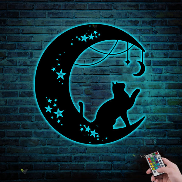 Cat On Crescent Moon Metal Wall Art With Led Lights, Crescent Moon With Cat Metal Sign, Cat On The Moon Metal Wall Hanging, Cat Metal Home Decor