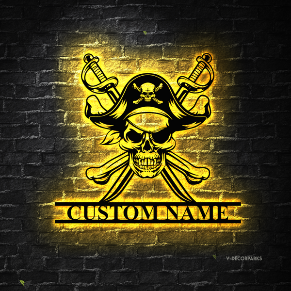 Custom Name Pirate Skull Metal Wall Art Led Lights, Personalized Skull Pirate Metal Name Sign, Skeleton Pirate Metal Sign Art Home Decor