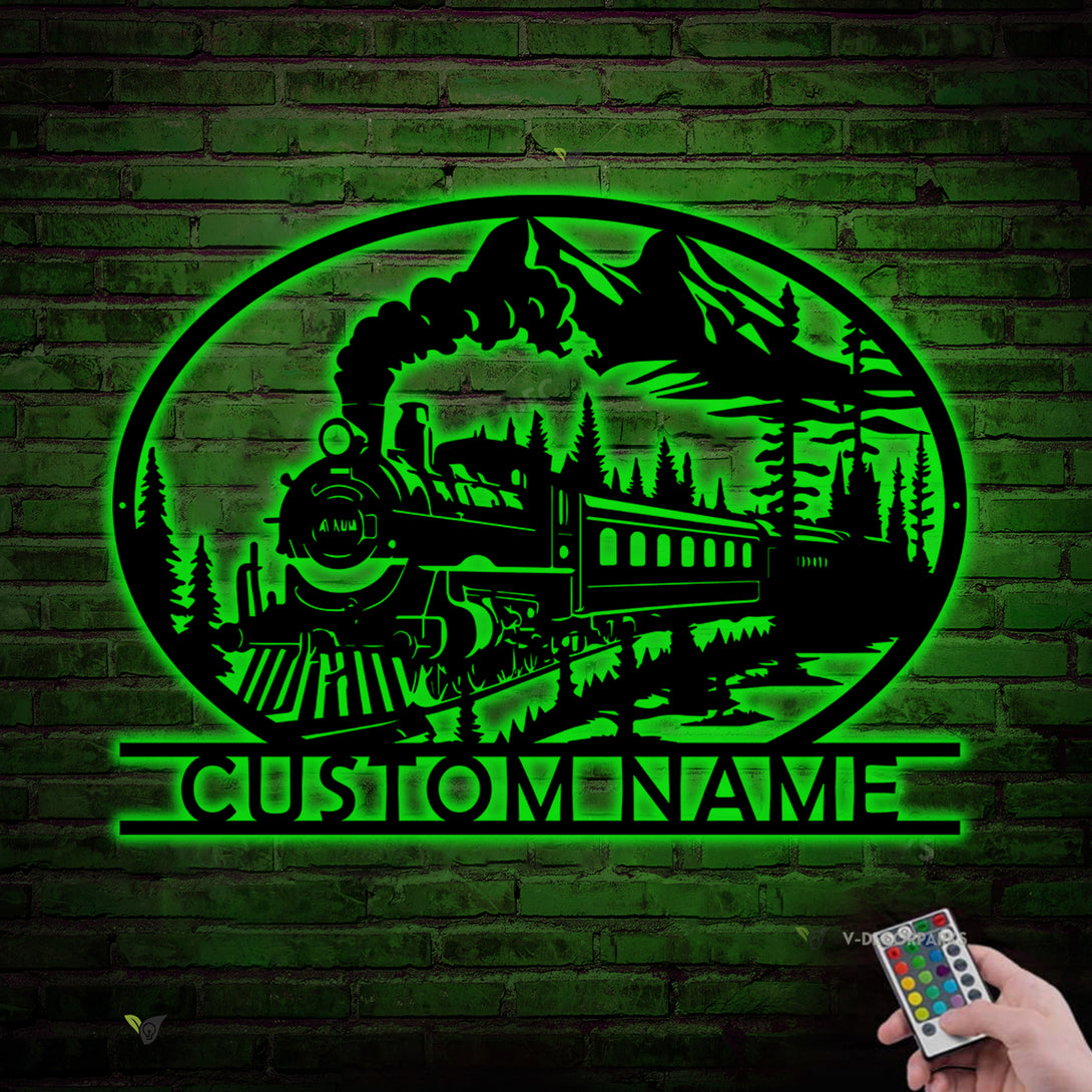 Custom Steam Engine Train Landscape Metal Wall Art With Led Light, Personalized Train Driver Name Sign, Steam Locomotive Railroad Metal Wall Sign