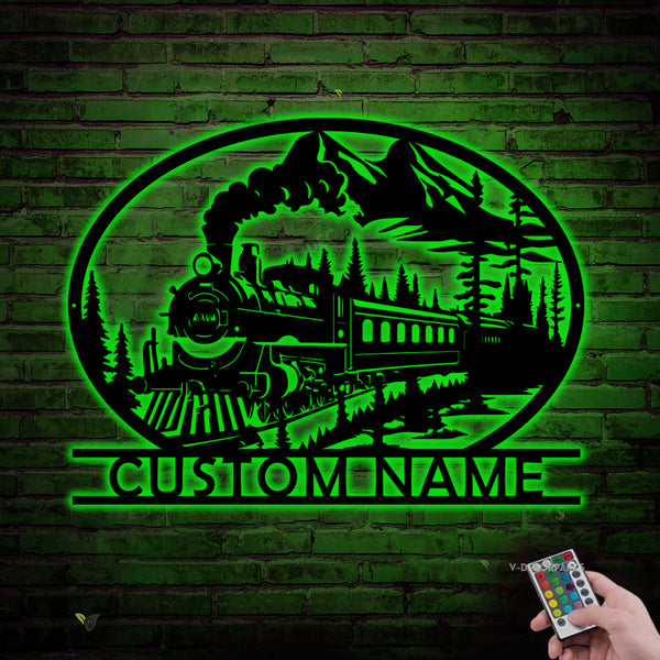 Custom Steam Engine Train Landscape Metal Wall Art With Led Light, Personalized Train Driver Name Sign, Steam Locomotive Railroad Metal Wall Sign