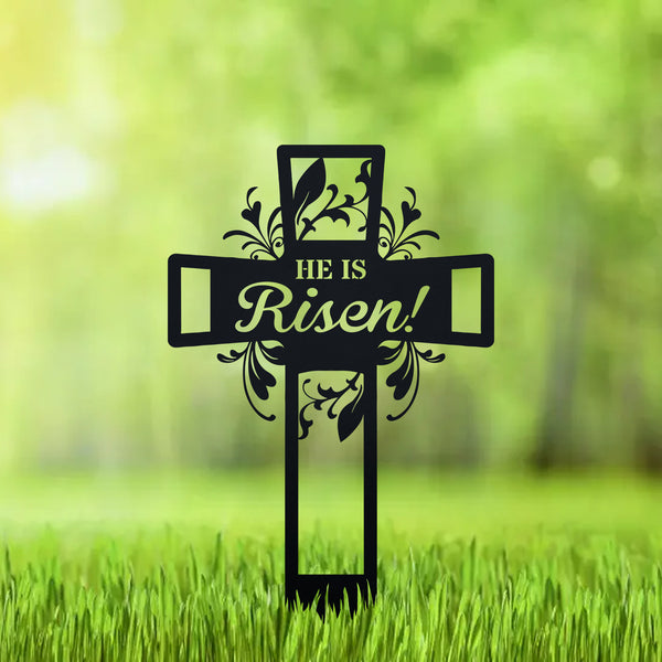 Personalized He Is Risen Cross Metal Stake, Memorial Cross Metal Sign With Stake, Floral Cross Memorial Yard Sign, Cross Metal Grave Markers