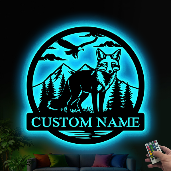 Personalized Fox Mountain Scene Metal Sign Led Lights, Custom Name Metal Fox Cabin Outdoor Decor, Wild Fox Metal Wall Sign Cabin House Decor