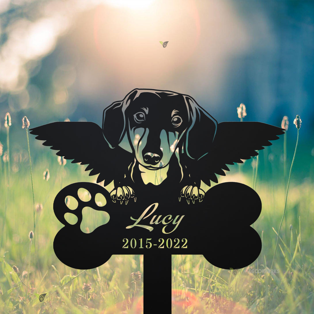 Custom Dachshund With Wings Memorial Garden Stake, Dog Loss Remembrance Sign, Dachshund Dog Bone Metal Grave Marker, Pet Sympathy Metal Sign