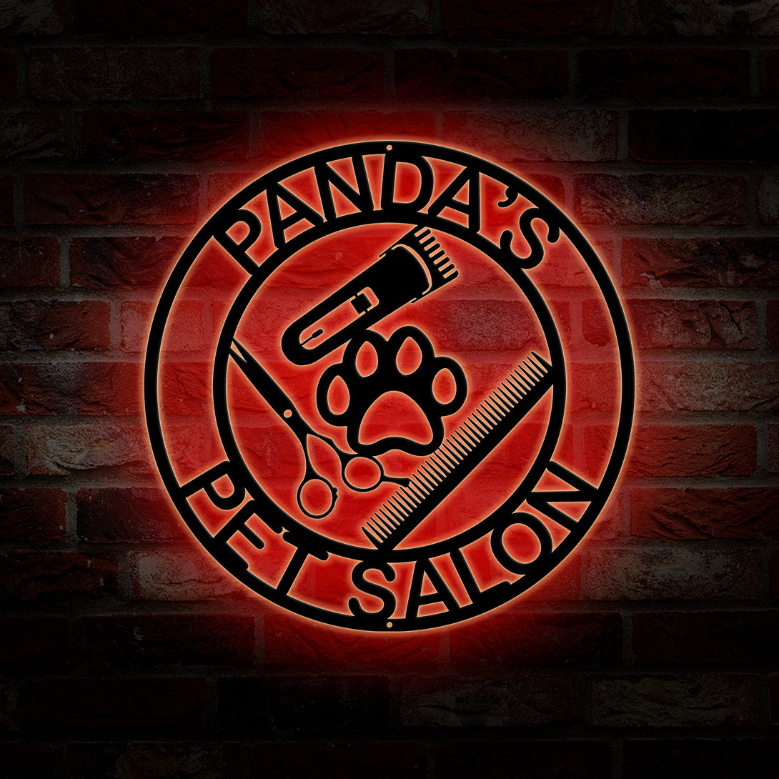 Custom Dog Grooming Hair Salon Metal Wall Art Led Light, Personalized Pet Salon Metal Name Sign, Pet Grooming Monogram \metal Sign