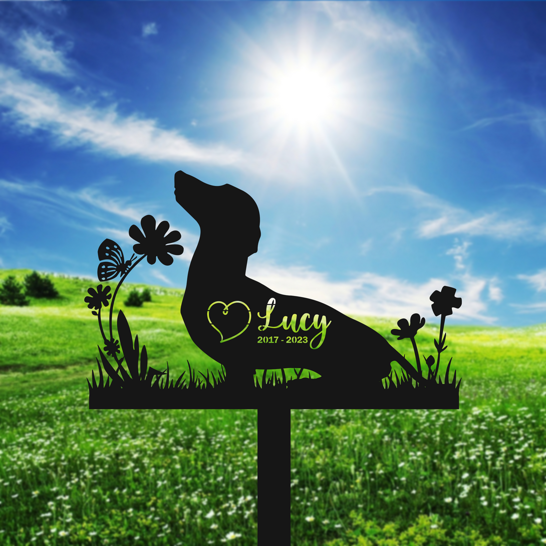 Personalized Dachshund Dog Memorial Metal Stake, Dog With Flowers Metal Grave Marker, Pet Loss Remembrance Stake, Sympathy Metal Garden Sign