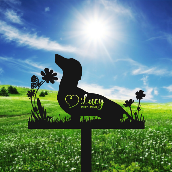 Personalized Dachshund Dog Memorial Metal Stake, Dog With Flowers Metal Grave Marker, Pet Loss Remembrance Stake, Sympathy Metal Garden Sign