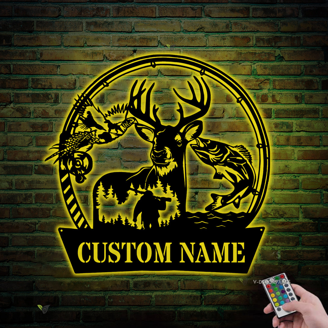 Custom Deer Pheasant Hunting Fishing Metal Sign Led Lights, Personalized Name Hunter Metal Sign, Wildlife Hunting Outdoor Metal Wall Art Decor