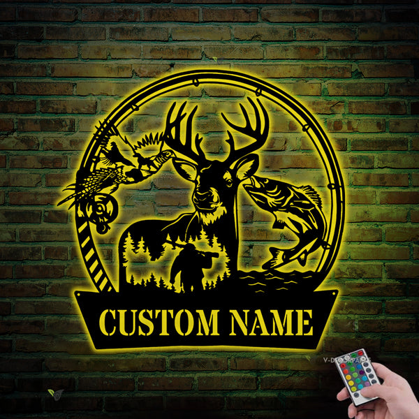 Custom Deer Pheasant Hunting Fishing Metal Sign Led Lights, Personalized Name Hunter Metal Sign, Wildlife Hunting Outdoor Metal Wall Art Decor