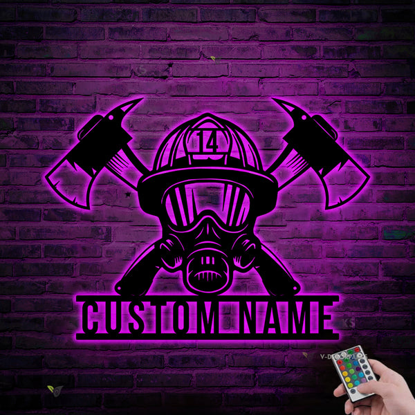 Personalized Firefighter Helmet & Axe Metal Wall Art Led Lights, Custom Firefighter Metal Name Sign, Fire Department Metal Wall Hanging Decor