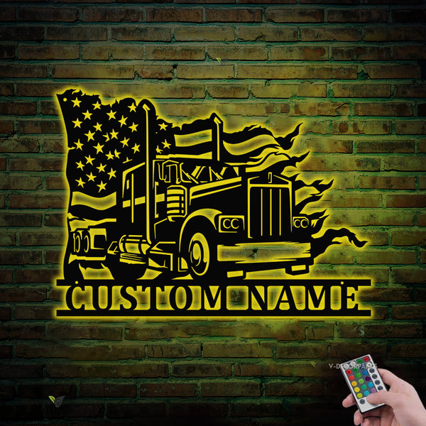 Custom Us Flag Semi Trailer Metal Wall Art Led Lights, Personalized Semi Trucker Metal Name Sign Home Decor, 18 Wheeler Semi Truck Metal Wall Sign