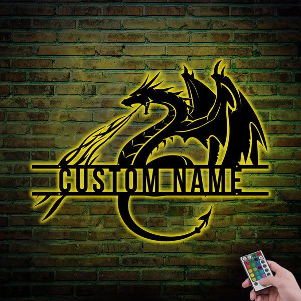 Personalized Dragon Metal Wall Art With Led Lights, Custom Name Fire Dragon Metal Sign, Mythical Dragon Metal Wall Hanging Home Decor