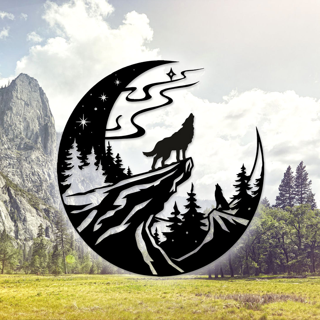Mountain Howling Wolf With Crescent Moon Metal Sign, Howling Wolf Wildlife Metal Wall Art, Howling Wolf Mountain Forest Scene Metal Home Decor