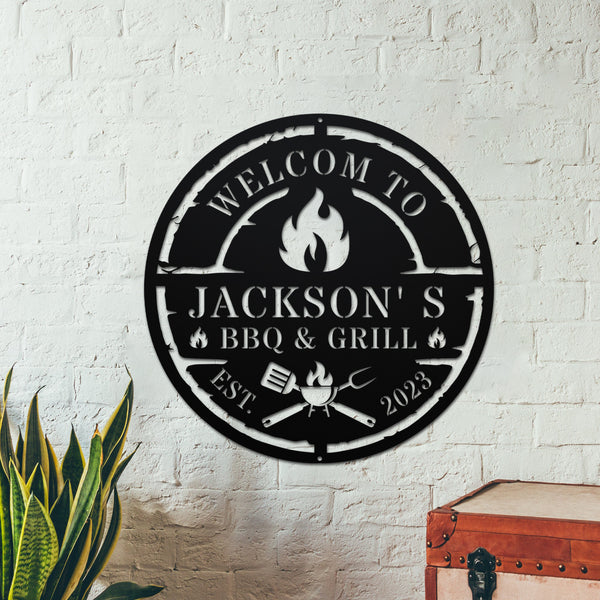Personalized Grilling Bbq Metal Sign, Custom Bbq & Grill Metal Wall Sign, Smokehouse Bbq Metal Welcome Sign, Backyard Bar & Grill Metal Wall Art