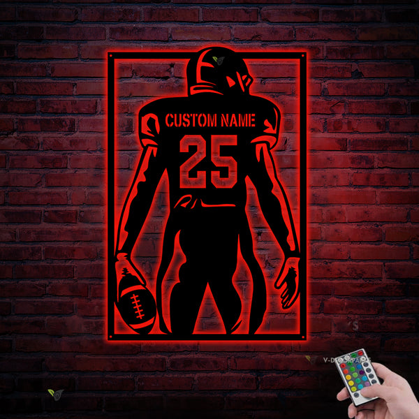 Personalized American Football Metal Sign Led Lights, Custom Football Player Metal Name Sign, American Football Sport Metal Wall Hanging