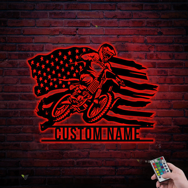 Custom American Flag Motocross Biker Metal Sign Led Lights, Personalized Us Flag Dirt Bike Metal Name Sign, Us Motorcycle Rider Metal Wall Art