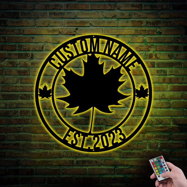 Personalized Maple Leaf Metal Sign With Led Lights, Custom Name Maple Leaf Metal Wall Art, Canada Maple Leaf Monogram Metal Sign Home Decor