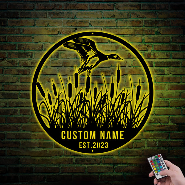 Personalized Flying Duck Cattails Metal Sign Led Lights, Custom Family Name Duck Farm Metal Wall Art, Duck Hunting Rustic Cabin Metal Sign