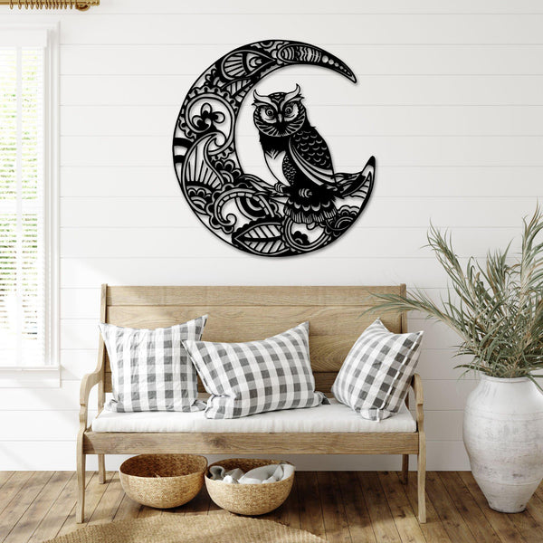 Owl On Mandala Crescent Moon Metal Sign, Owl With Moon Metal Wall Art Decor, Crescent Moon Owl Metal Sign Home Decor, Owl Lover Housewarming Gift