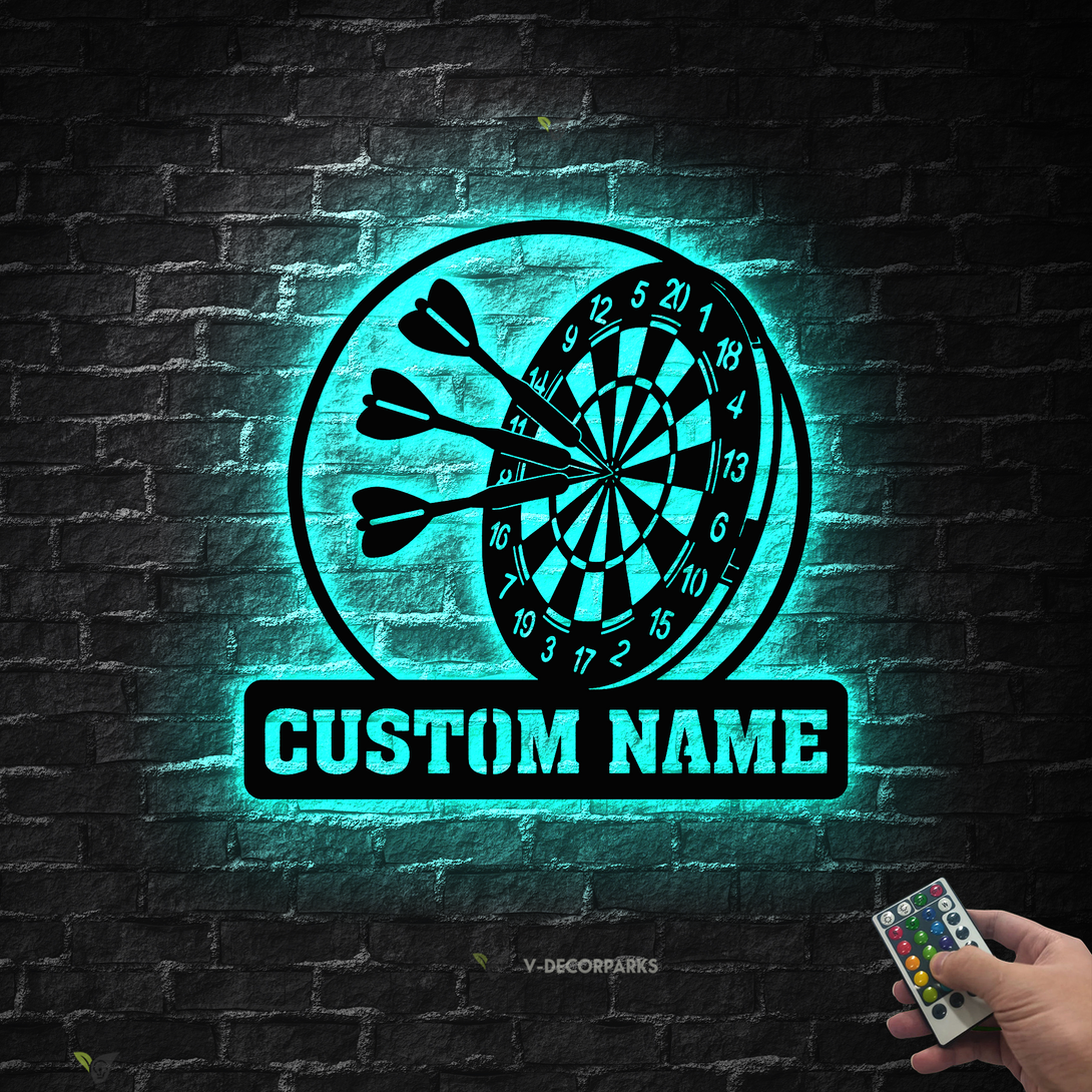 Personalized Darts Monogram Metal Wall Art Led Lights, Custom Darts Player Metal Name Sign, Darts Lover Darts Game Metal Mancave Sign