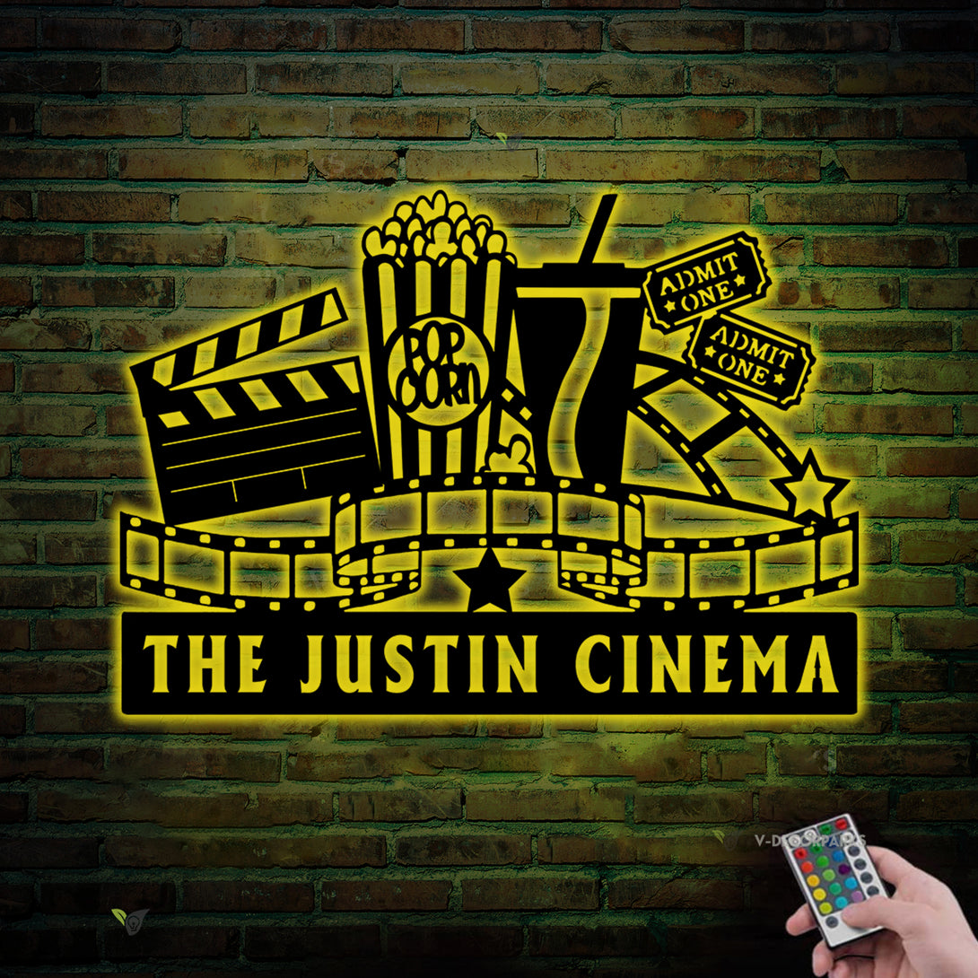 Custom Name Home Cinema Metal Sign With Led Lights, Personalized Home Theatre Metal Wall Art, Movie Theater Room Metal Wall Hanging Decor